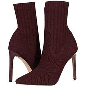 Red/Burgendy Discreet Stiletto High Heel Pointed Toe Sock Ankle Knit Boots